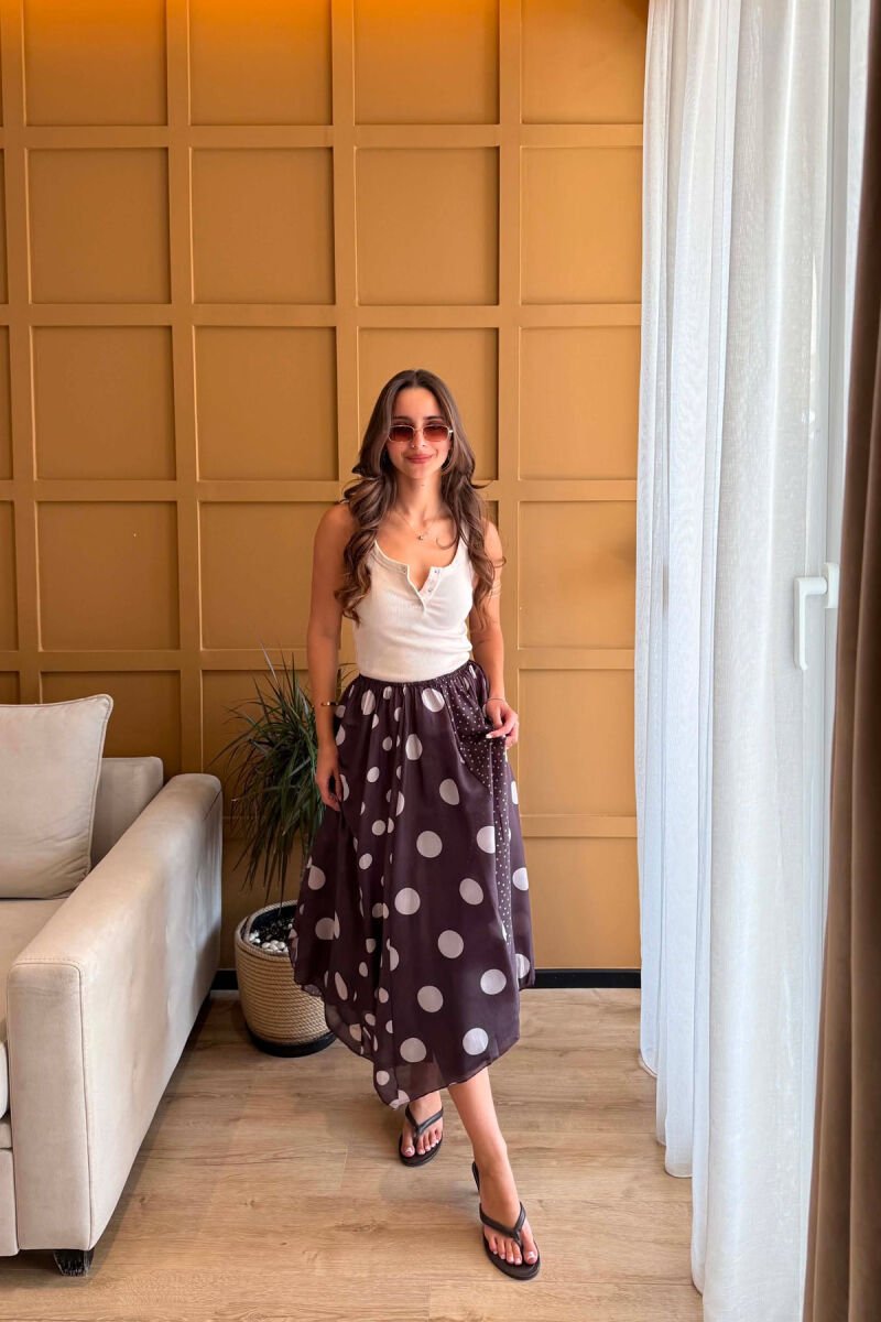 POLKA DOTS ELASTIC WAIST WOMEN SKIRT BROWN/KAFE - 2