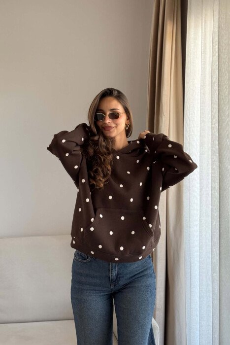 POLKA DOTS FLUFFY WOMAN HOODIE BROWN/KAFE - 1
