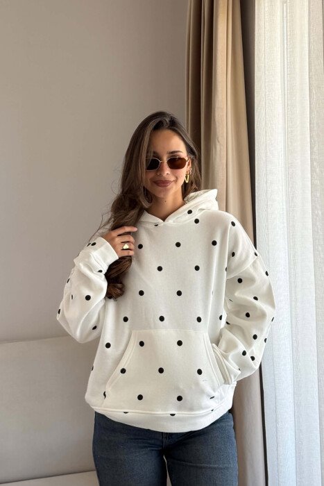 POLKA DOTS FLUFFY WOMAN HOODIE WHITE-E BARDHE 