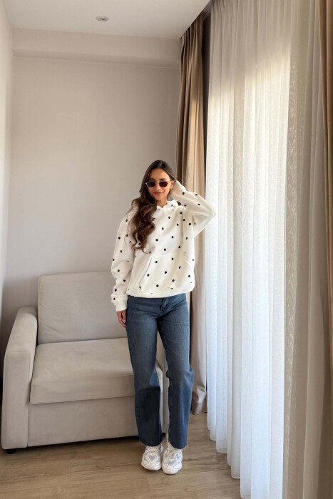 POLKA DOTS FLUFFY WOMAN HOODIE WHITE-E BARDHE - 4