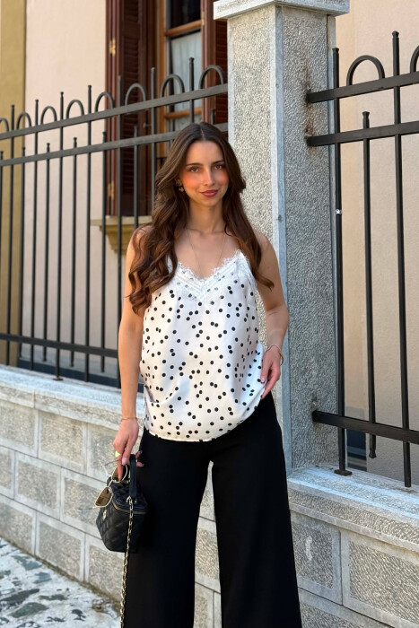 POLKA DOTS LACE DETAILS WOMAN TANK TOP CREAM/KREM - KLAUDIO FASHION