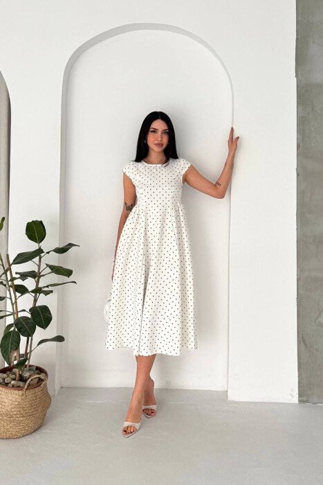 POLKA DOTS LACING WAIST WOMAN DRESS WHITE-E BARDHE - KLAUDIO FASHION