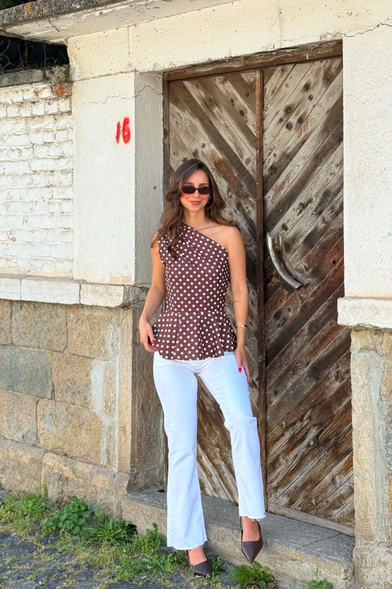 POLKA DOTS ONE SHOULDER OFF WOMAN TANK TOP BROWN/KAFE - 2