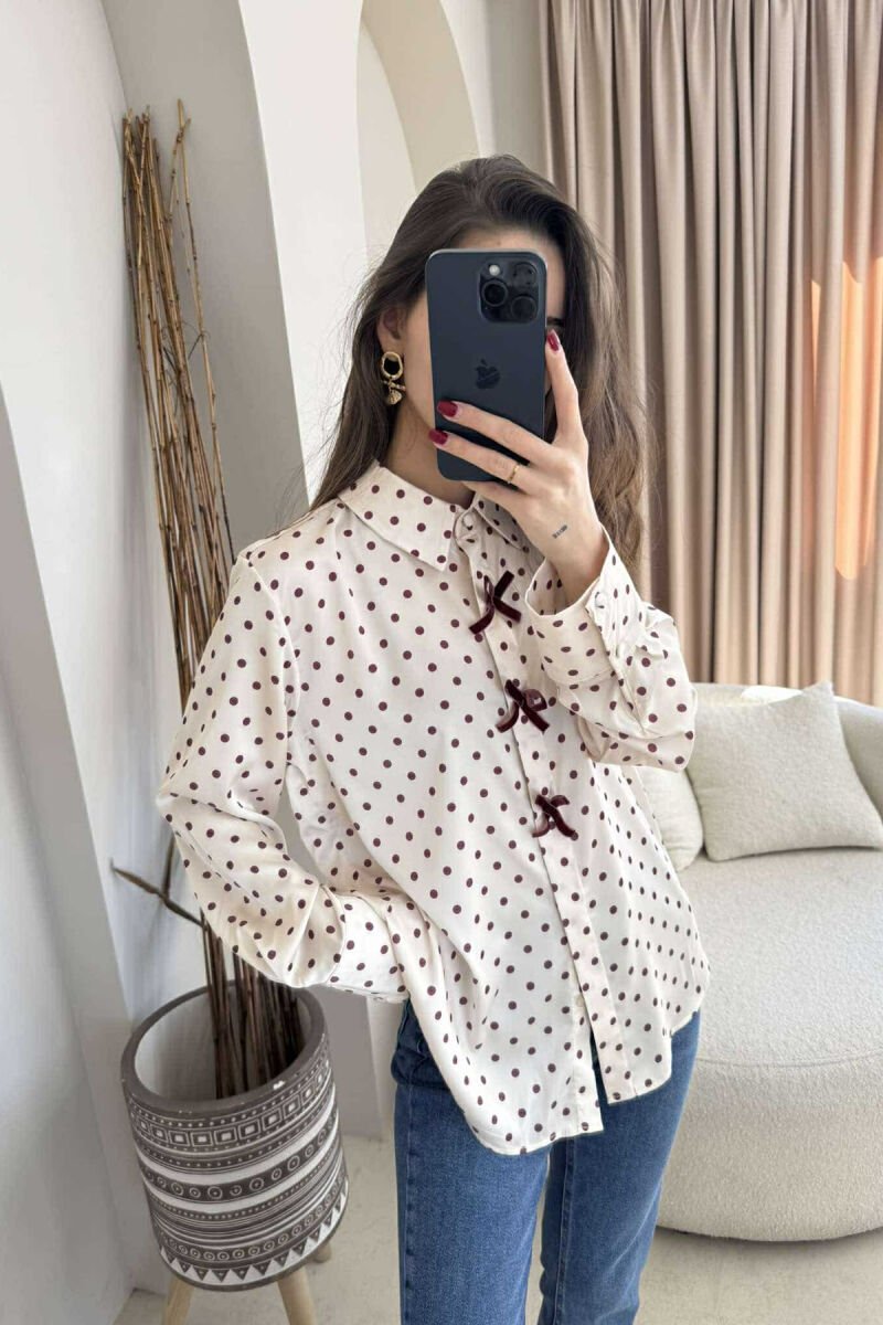 POLKA DOTS RIBBON DETAILS WOMEN SHIRT CREAM/KREM - 3