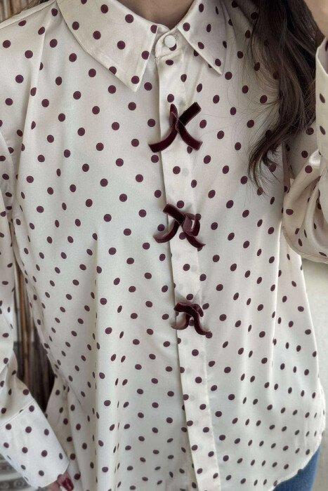 POLKA DOTS RIBBON DETAILS WOMEN SHIRT CREAM/KREM - 4