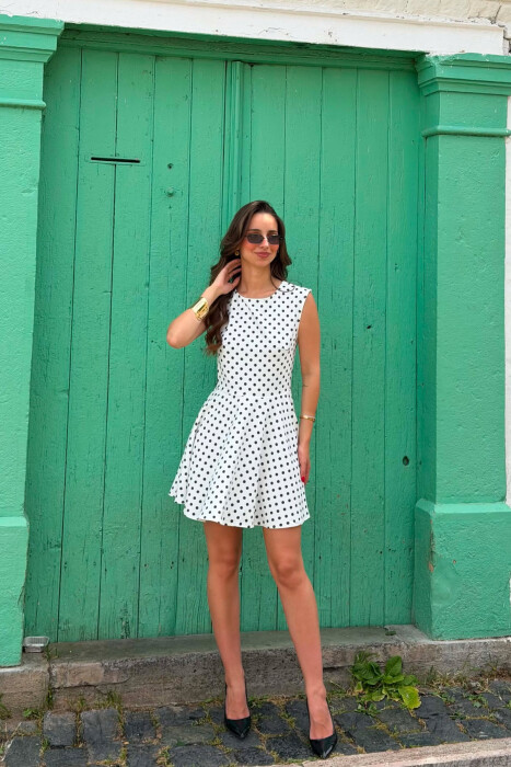 POLKA DOTS ROUND NECK WOMAN DRESS WHITE-E BARDHE - KLAUDIO FASHION