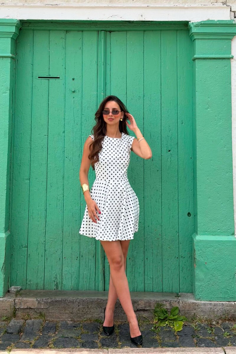 POLKA DOTS ROUND NECK WOMAN DRESS WHITE-E BARDHE - 5