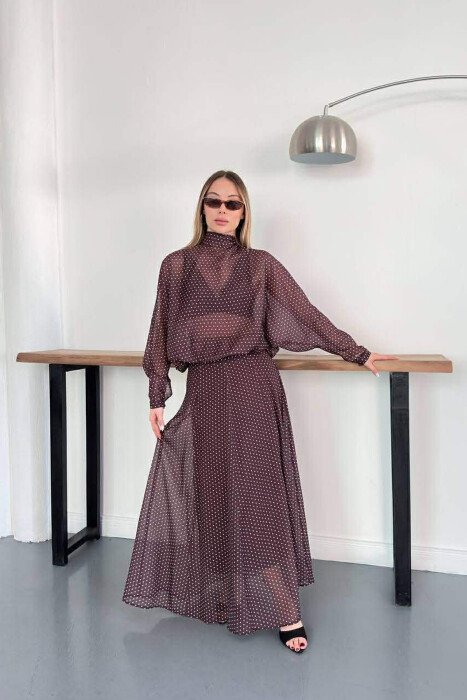 POLKA DOTS SHIRT + SKIRT WOMAN SET BROWN/KAFE 