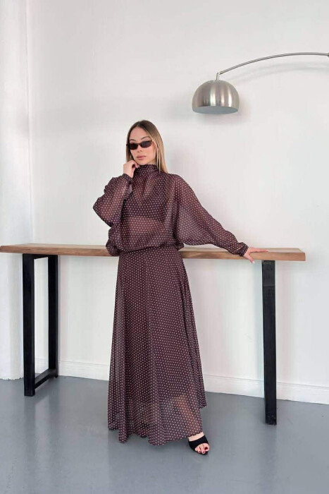 POLKA DOTS SHIRT + SKIRT WOMAN SET BROWN/KAFE - 3
