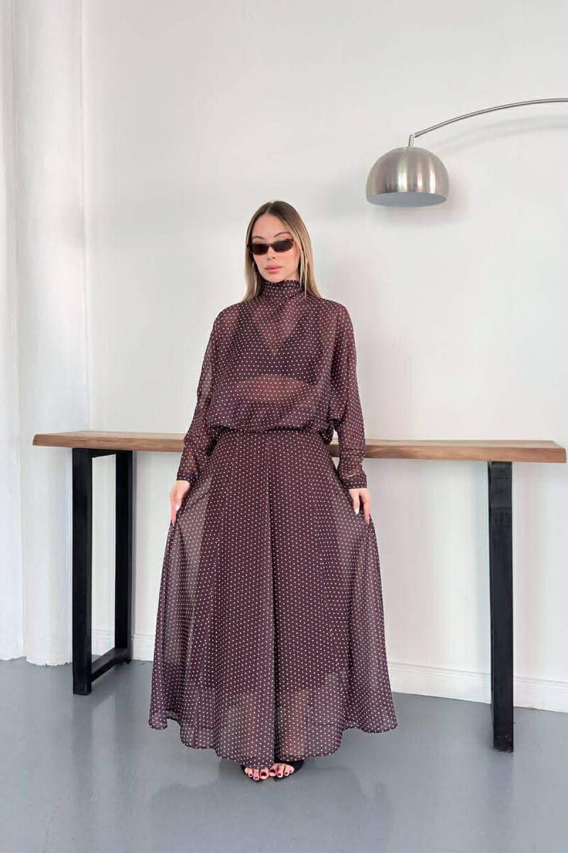 POLKA DOTS SHIRT + SKIRT WOMAN SET BROWN/KAFE - 5