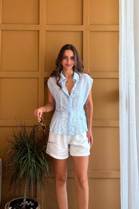 POLKA DOTS SLEEVELESS SHIRT LIGHTBLUE/BZ 