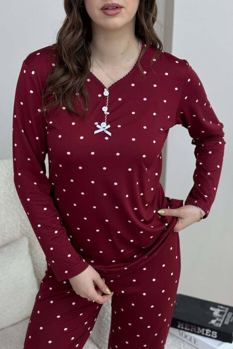 POLKA DOTS SWEATSHIRT+TROUSERS WOMEN PYJAMAS BURGUNDY/VISHNJE - 2