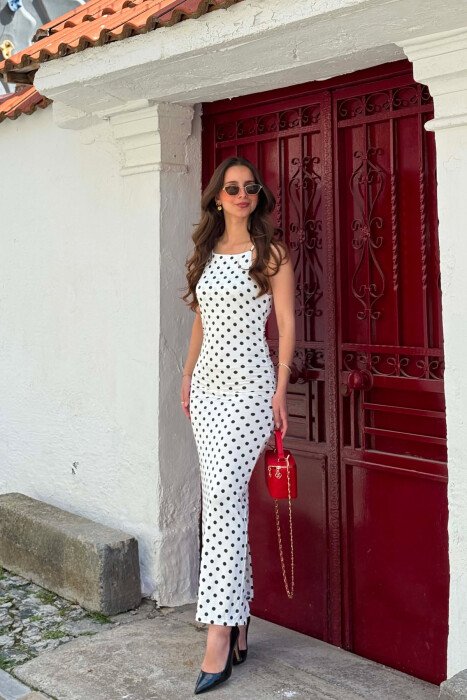 POLKA DOTS THIN STRAPS WOMAN DRESS WHITE-BROWN/BAKA - 1