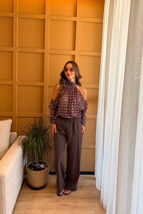 POLKA DOTS TULLE WOMAN SHIRTS BROWN/KAFE - KLAUDIO FASHION