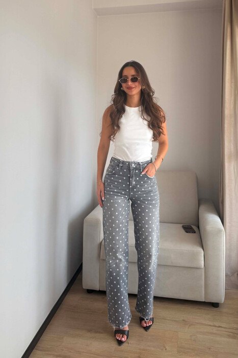 POLKA DOTS WIDE LEG WOMAN JEANS GREY/GRI - KLAUDIO FASHION