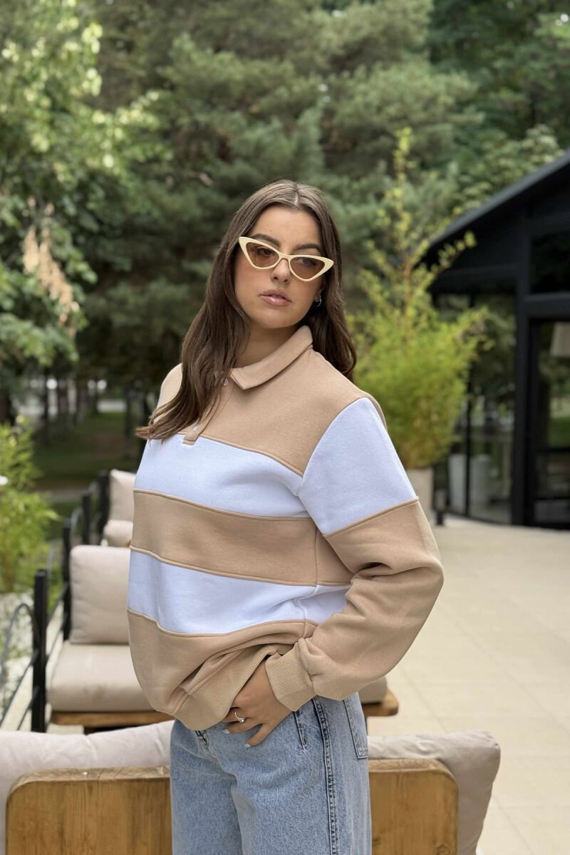 POLO BUTTONED NECK FLUFFY STRIPE DESIGN WOMEN SWEATSHIRT BEIGE/BEZHE - 1