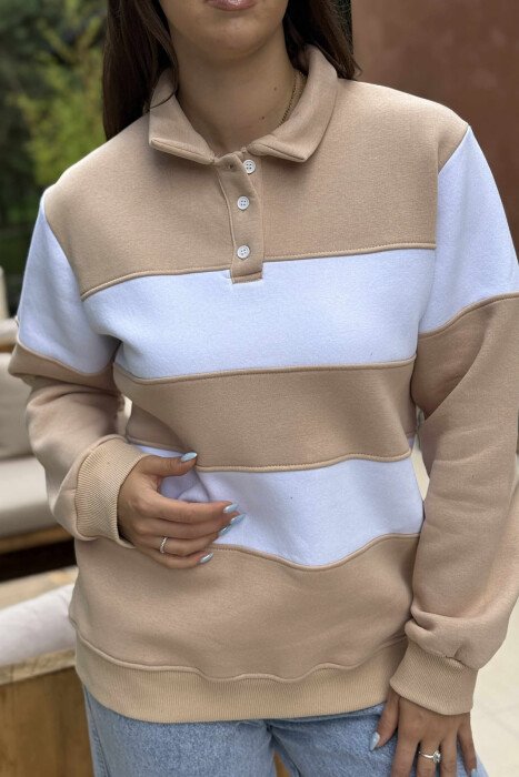 POLO BUTTONED NECK FLUFFY STRIPE DESIGN WOMEN SWEATSHIRT BEIGE/BEZHE - 4