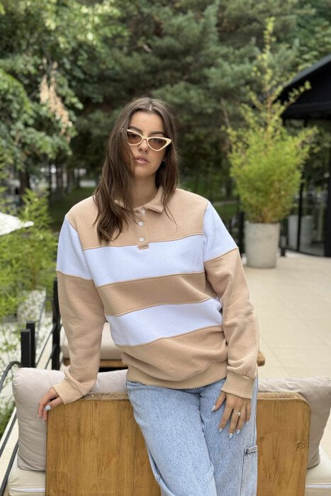 POLO BUTTONED NECK FLUFFY STRIPE DESIGN WOMEN SWEATSHIRT BEIGE/BEZHE - 3