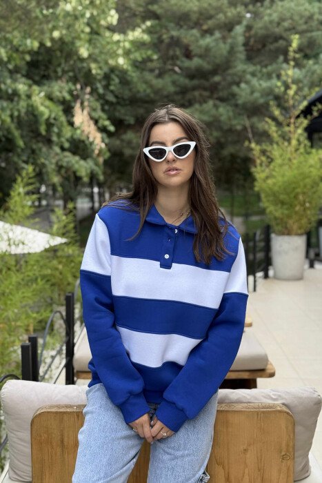 POLO BUTTONED NECK FLUFFY STRIPE DESIGN WOMEN SWEATSHIRT BLUE/BLU - KLAUDIO FASHION