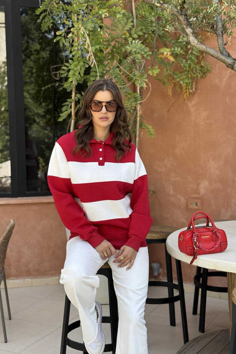 POLO BUTTONED NECK FLUFFY STRIPE DESIGN WOMEN SWEATSHIRT RED/E KUQE - 1