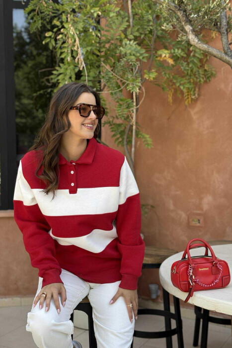 POLO BUTTONED NECK FLUFFY STRIPE DESIGN WOMEN SWEATSHIRT RED/E KUQE - 3