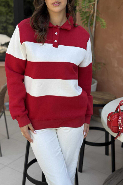 POLO BUTTONED NECK FLUFFY STRIPE DESIGN WOMEN SWEATSHIRT RED/E KUQE - 5