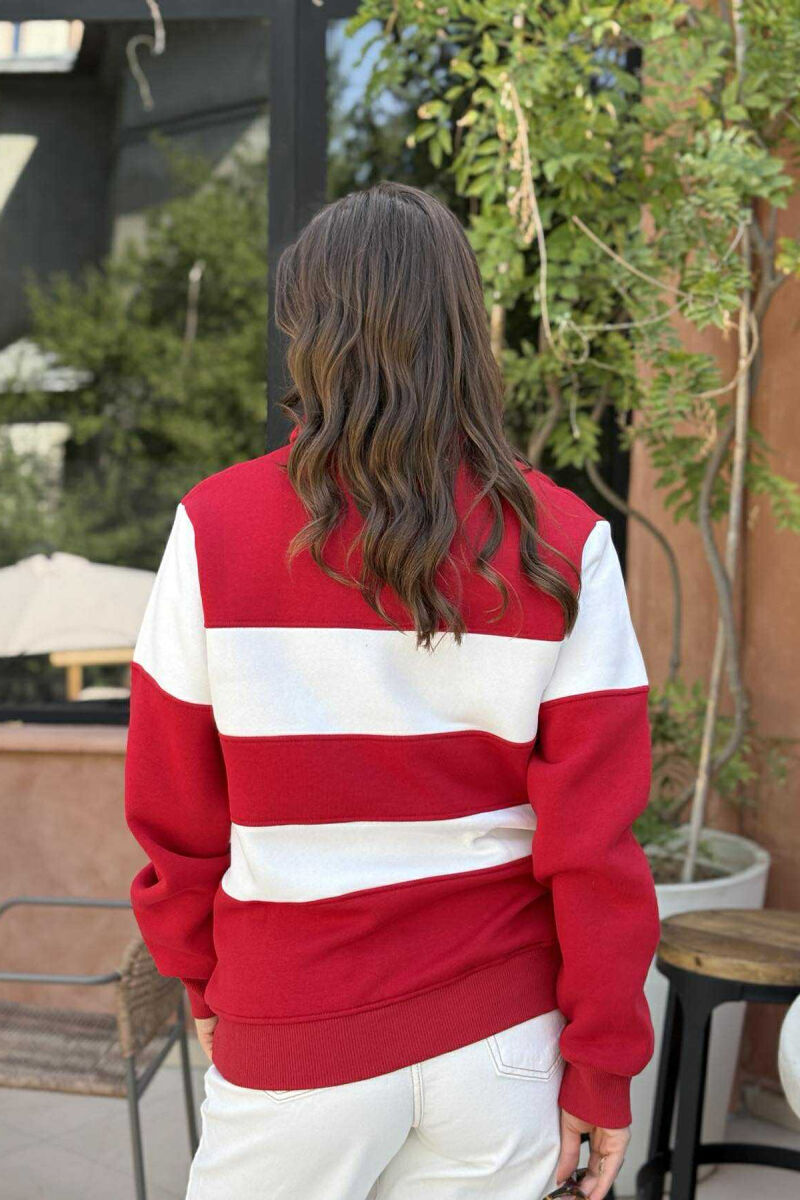 POLO BUTTONED NECK FLUFFY STRIPE DESIGN WOMEN SWEATSHIRT RED/E KUQE - 4