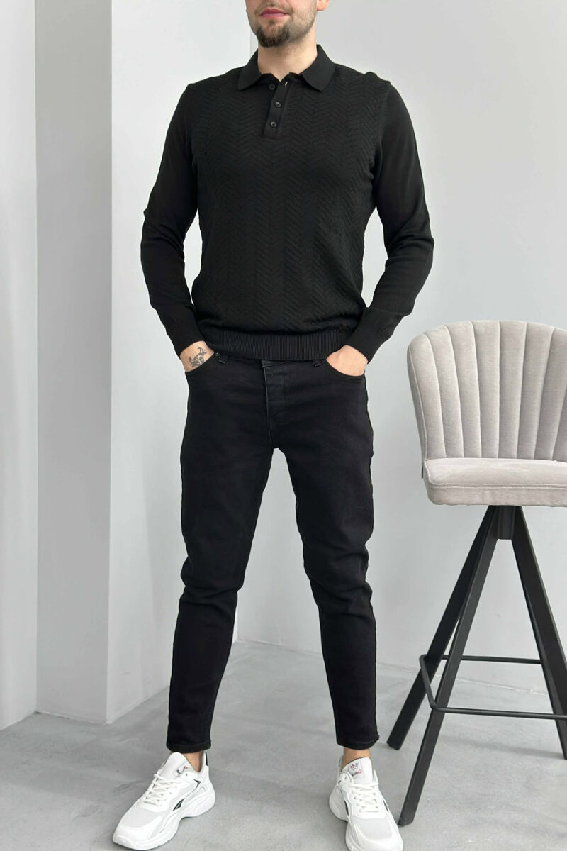 POLO BUTTONED NECK ONE COLOR MEN SWEATER BLACK/ E ZEZE - 1