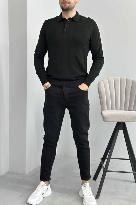 POLO BUTTONED NECK ONE COLOR MEN SWEATER BLACK/ E ZEZE 