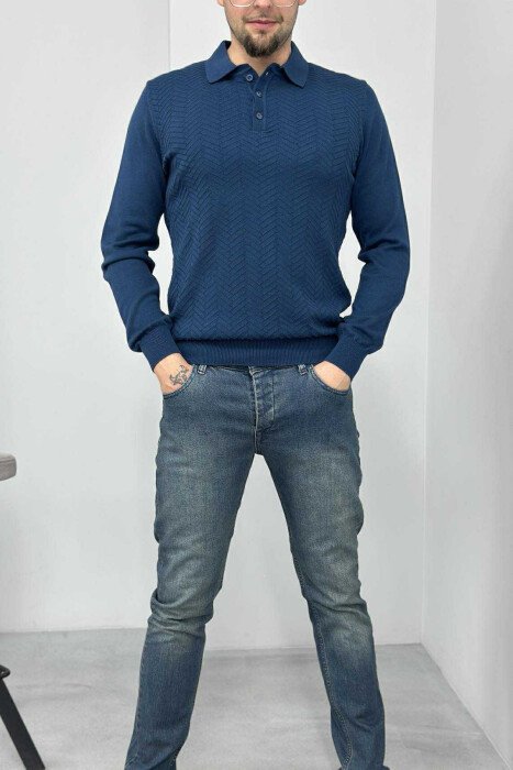 POLO BUTTONED NECK ONE COLOR MEN SWEATER BLUE/BLU - 1