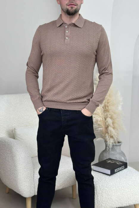 POLO BUTTONED NECK ONE COLOR MEN SWEATER LIGHT BROWN/KAZB 