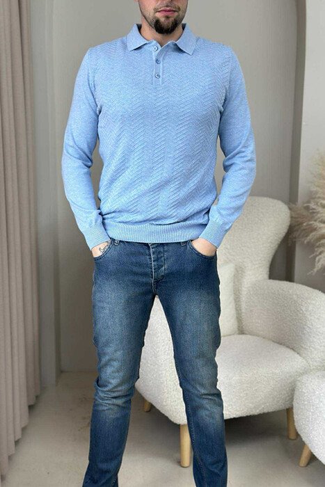 BLUZË ME JAKË POLO DHE KOPSA PËR MESHKUJ NË NGJYRËN BLU TË ZBARDHUR - 