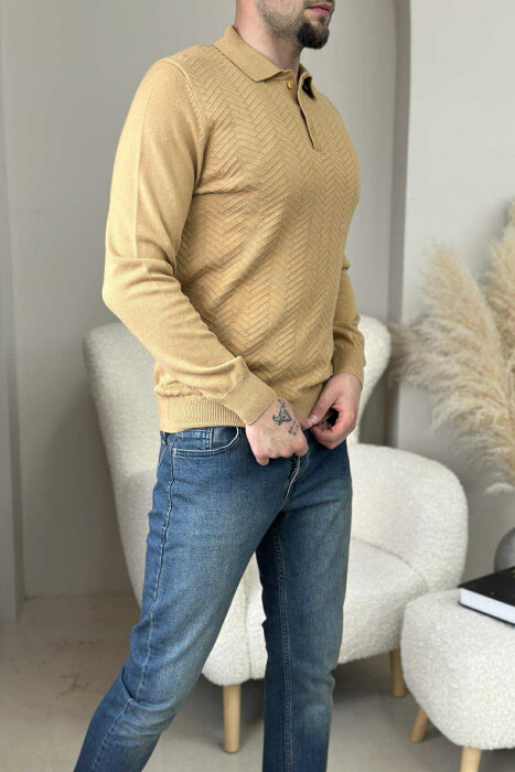 POLO BUTTONED NECK ONE COLOR MEN SWEATER MUSTARD/MUSTARDE - 3