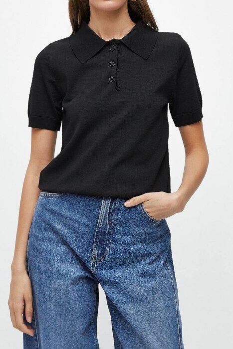 POLO BUTTONED NECK SHORT SLEEVE WOMEN SWEATER BLACK/ E ZEZE - 1
