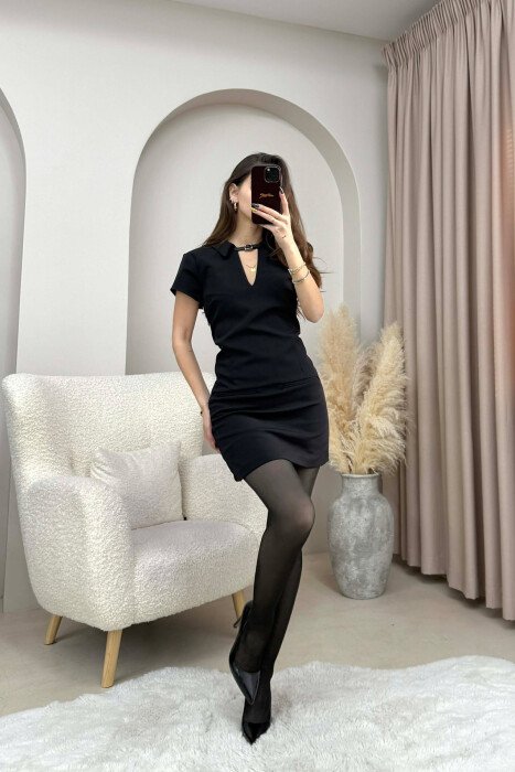 POLO NECK BELT DETAIL SHORT WOMEN DRESS BLACK/ E ZEZE - 4