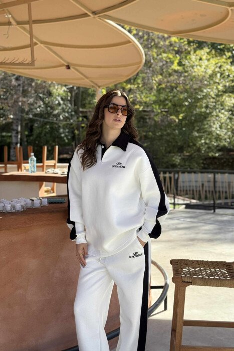 POLO NECK BLOUSE+SWEATPANTS WOMEN SET WHITE-E BARDHE - 7