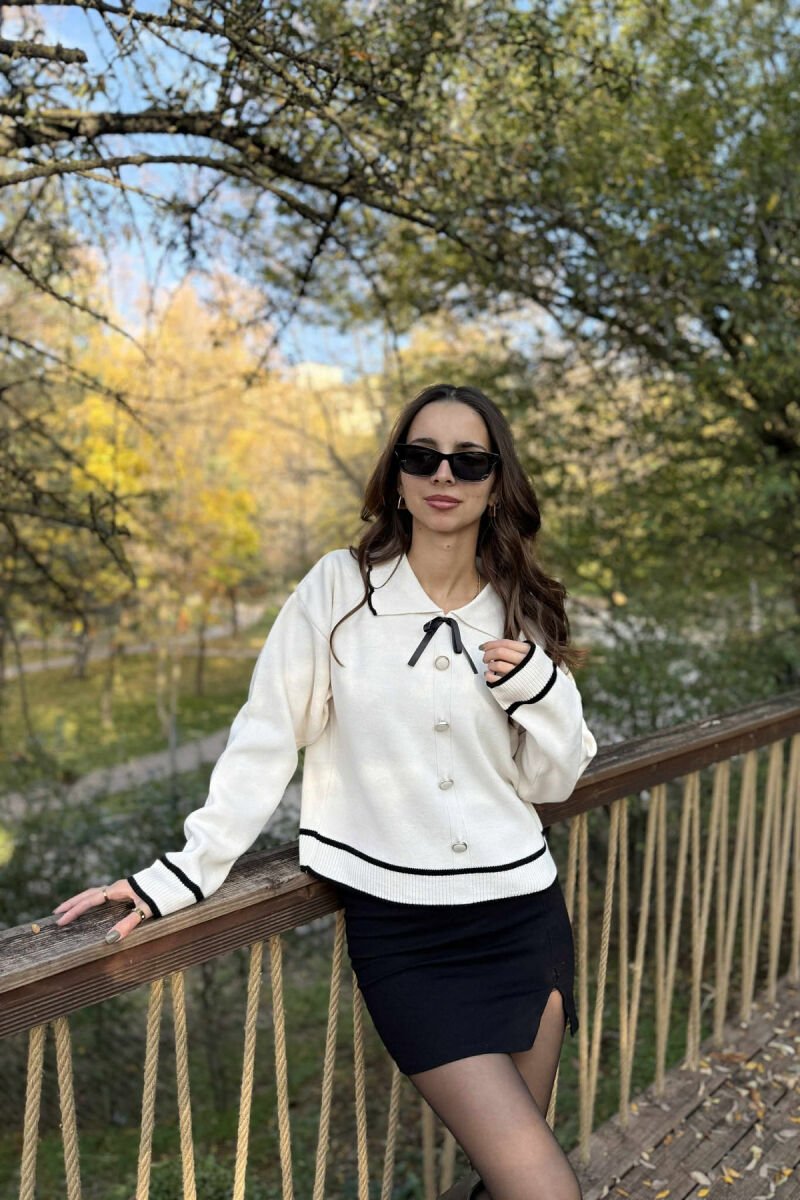 POLO NECK BOW DETAIL BUTTONED WOMEN SWEATER CREAM/KREM - 2