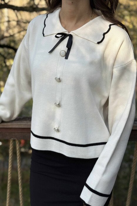 POLO NECK BOW DETAIL BUTTONED WOMEN SWEATER CREAM/KREM - 4