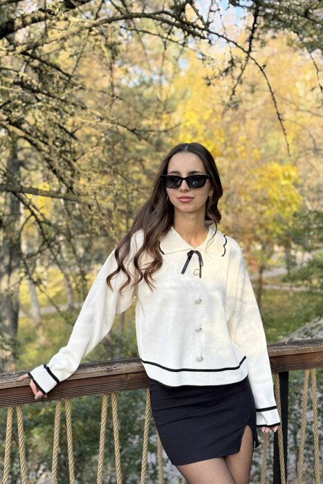 POLO NECK BOW DETAIL BUTTONED WOMEN SWEATER CREAM/KREM - 12