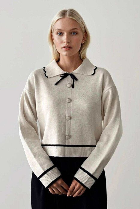 POLO NECK BOW DETAIL BUTTONED WOMEN SWEATER CREAM/KREM - 10