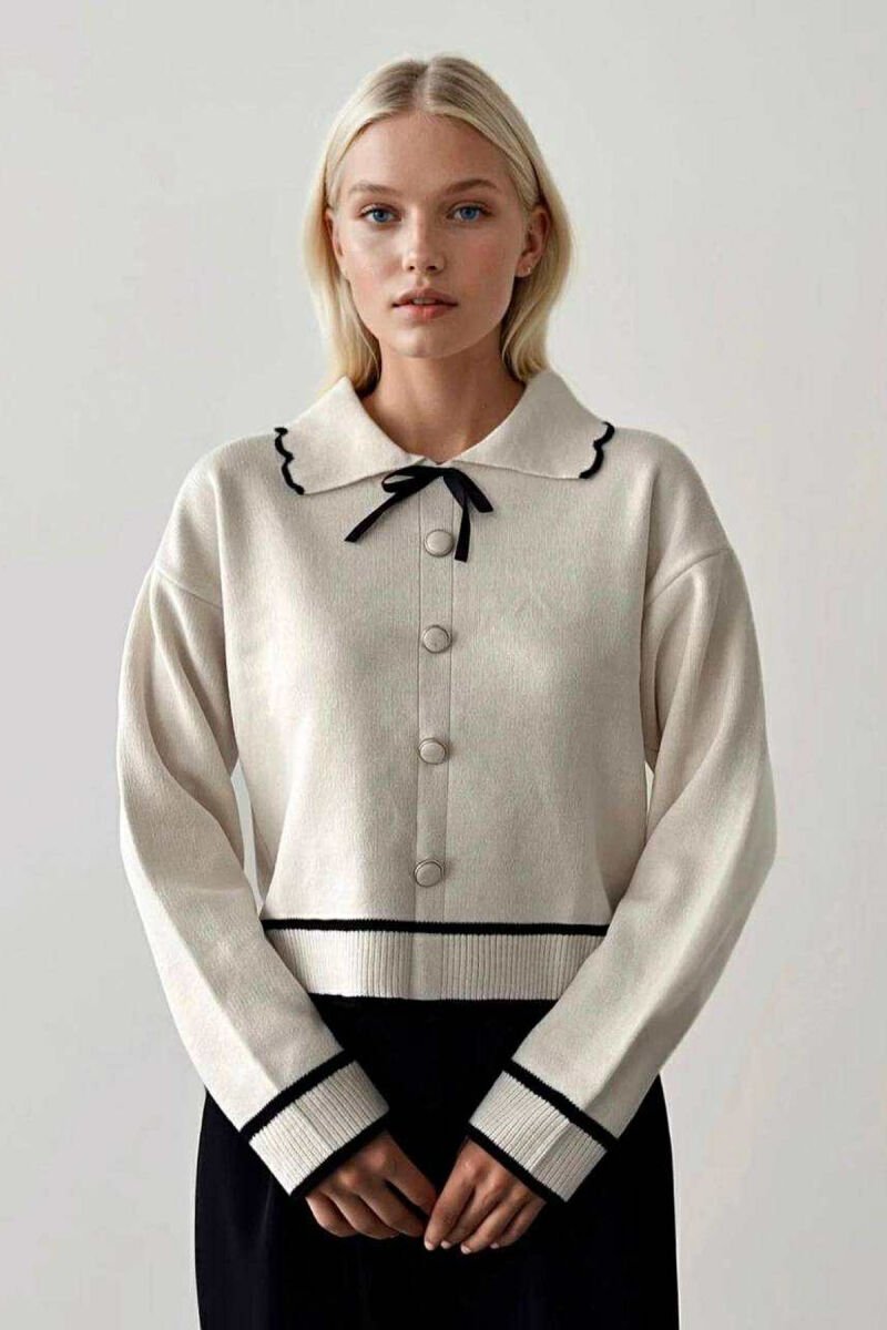POLO NECK BOW DETAIL BUTTONED WOMEN SWEATER CREAM/KREM - 10