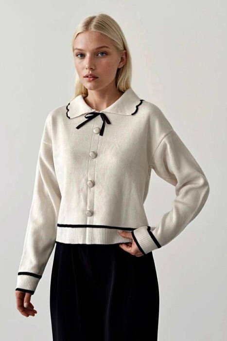POLO NECK BOW DETAIL BUTTONED WOMEN SWEATER CREAM/KREM - 9