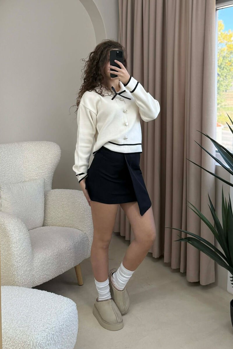 POLO NECK BOW DETAIL BUTTONED WOMEN SWEATER CREAM/KREM - 7