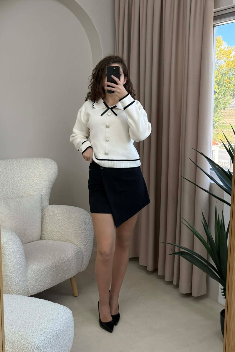 POLO NECK BOW DETAIL BUTTONED WOMEN SWEATER CREAM/KREM - 13