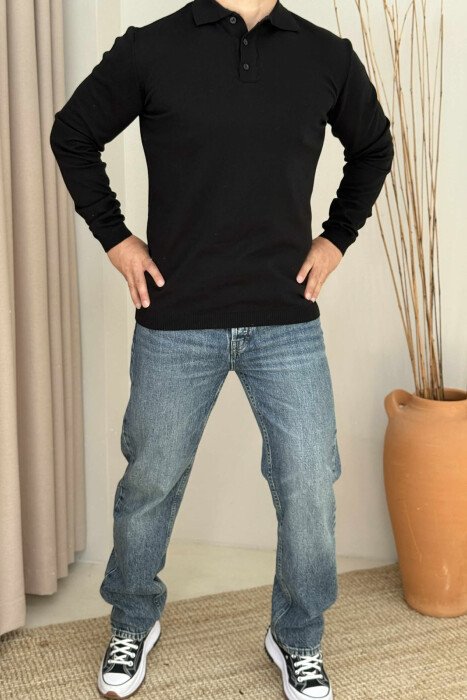 POLO NECK BUTTONED ONE COLOR MEN SWEATER BLACK/ E ZEZE - 1