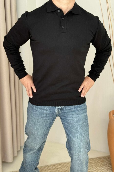 POLO NECK BUTTONED ONE COLOR MEN SWEATER BLACK/ E ZEZE - 3