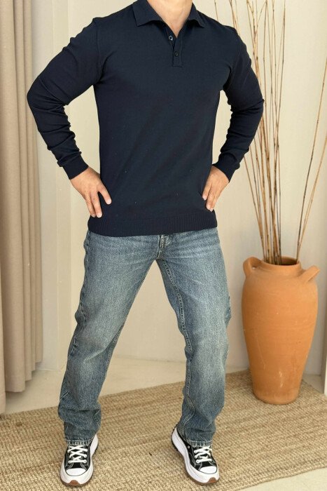 POLO NECK BUTTONED ONE COLOR MEN SWEATER DARK BLUE/BEE 