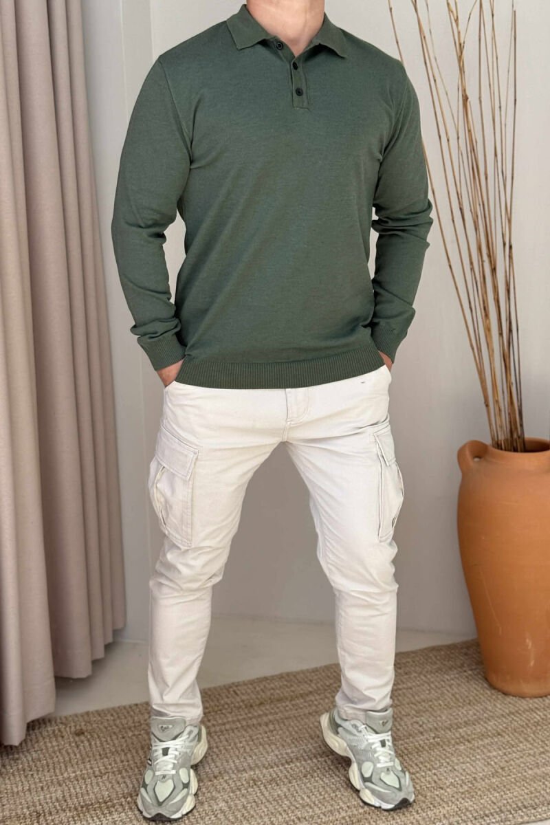 POLO NECK BUTTONED ONE COLOR MEN SWEATER GREEN/JESHILE - 1