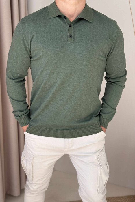 POLO NECK BUTTONED ONE COLOR MEN SWEATER GREEN/JESHILE - 3