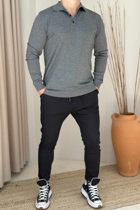 POLO NECK BUTTONED ONE COLOR MEN SWEATER GREY/GRI 